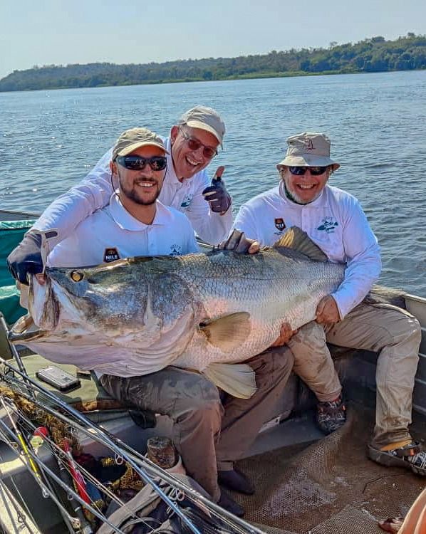 Three happy tourists holding a massive Nile Perch trophy fish on a boat during a successful sport fishing expedition on Lake Victoria, Uganda, with Roadrave Tours and Travel.