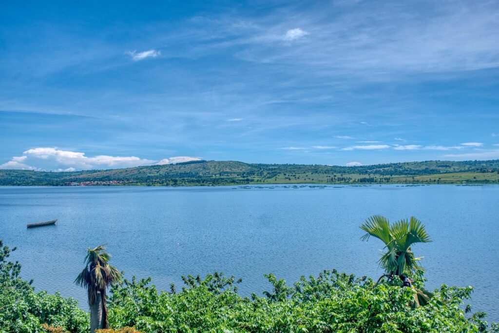 Roadrave Tours and Travel scenic lake view with boat, palm trees, and rolling hills in Rwanda, eco-friendly nature and cultural tours