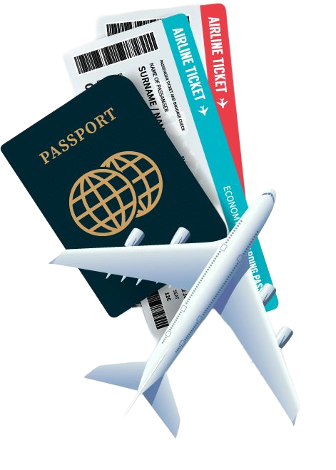 Roadrave Tours and Travel visa consultation services with airline tickets and airplane model symbolizing international flights, economy class booking, and global travel services