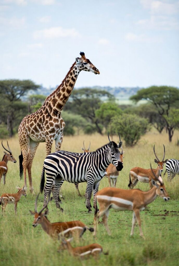 Giraffe, zebra, and antelopes grazing together in the open savanna of Akagera National Park, Rwanda, highlighting Rordrave Tours and Travel’s rich safari experiences.