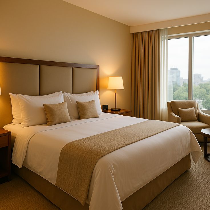 Roadrave Tours and Travel hotel booking services featuring a modern hotel room with white bed linens, beige decor, warm lighting, and scenic window view for comfortable international stays