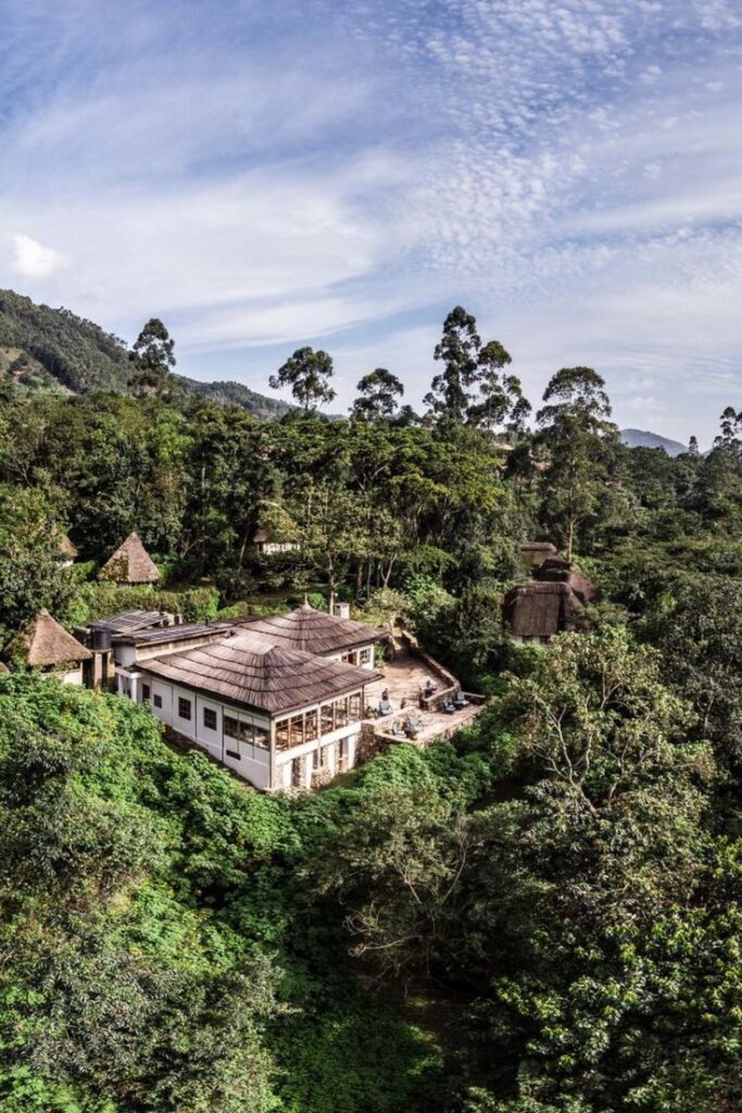 Luxury stone and thatched cottage exterior at Volcanoes Bwindi Lodge in Bwindi Impenetrable Forest Uganda - Road Rave Tours